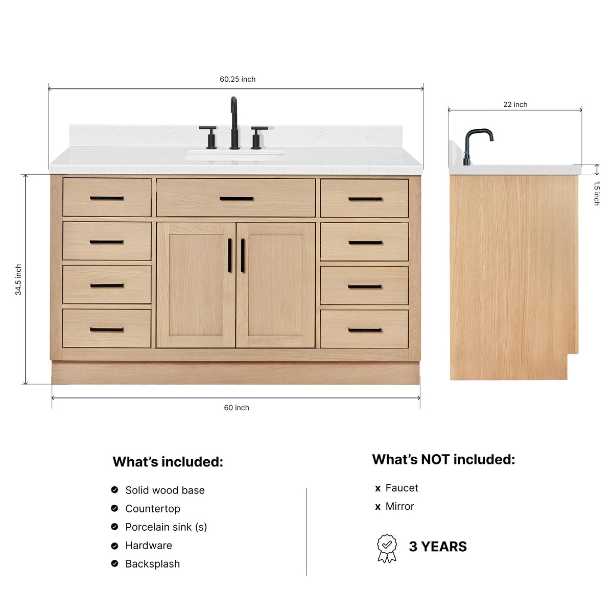 ARIEL Hepburn 60-inch Bathroom Vanity with Sink,Solid Wood, 1.5-inch Carrara White Quartz Countertop & Backsplash, Single Rectangular Porcelain Sink, 2 Soft Closing Doors, 9 Dovetail Drawers, Black