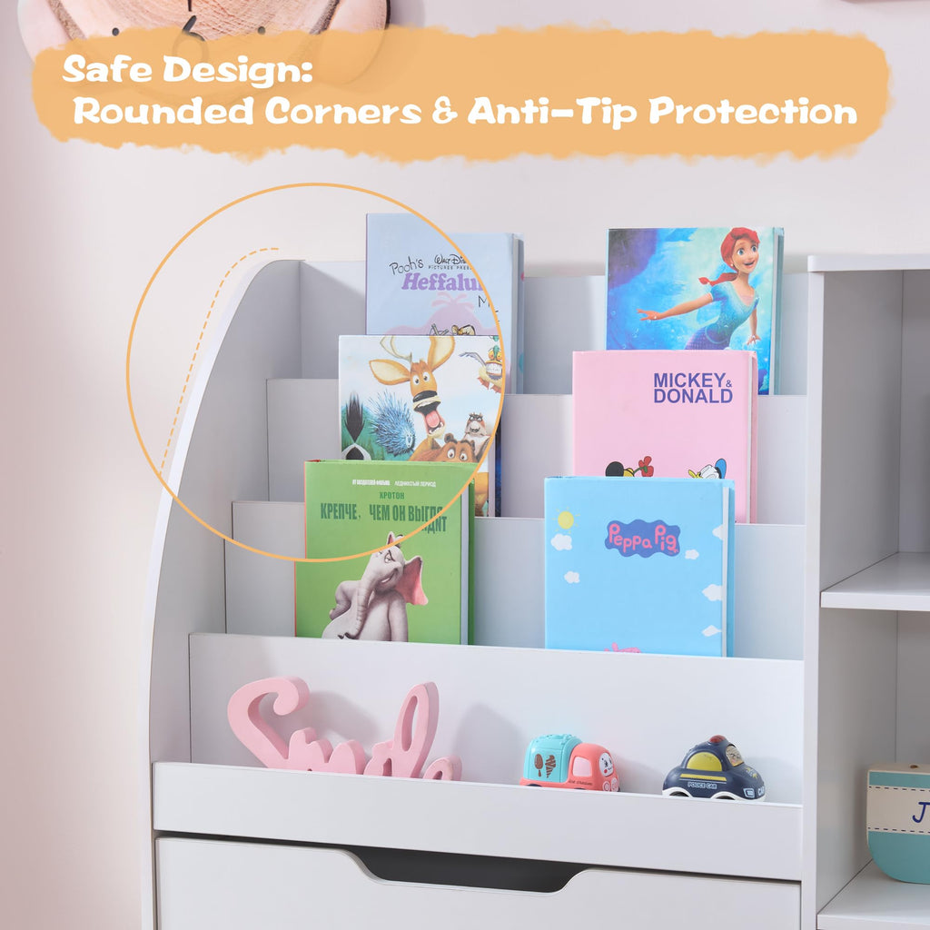 Fatmok Kids Bookshelf and Toy Storage, 2 Pack 58.5ââ Toy Organizer with Movable Chests & 3 Storage Bins, Large Kids Reading Nook with 5 Cubbies for Playroom, Bedroom, Nursery, White