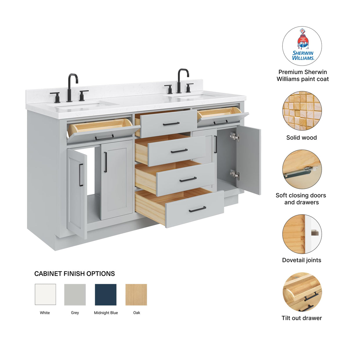 DKB Isabella 66" White Double Bathroom Vanity with 1.5" Carrara Quartz Countertop, Double Rectangular Undermount Sinks, 4 Soft Closing Doors, 6 Dovetail Drawers