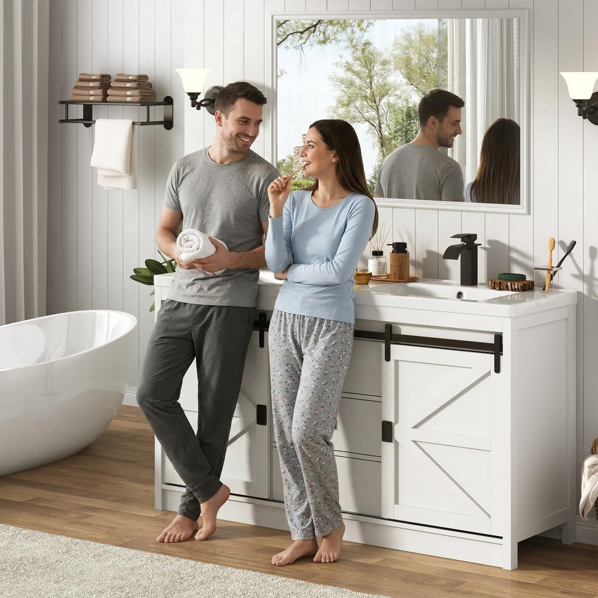 Double Bathroom Vanity with Sink & Faucet & Sewer Pipes,59" Farmhouse Bathroom Vanity Cabinet Set with 3 Storage Drawers & Sliding Barn Door,Double Sink Vanities With Metal Handle(Rustic Grey)