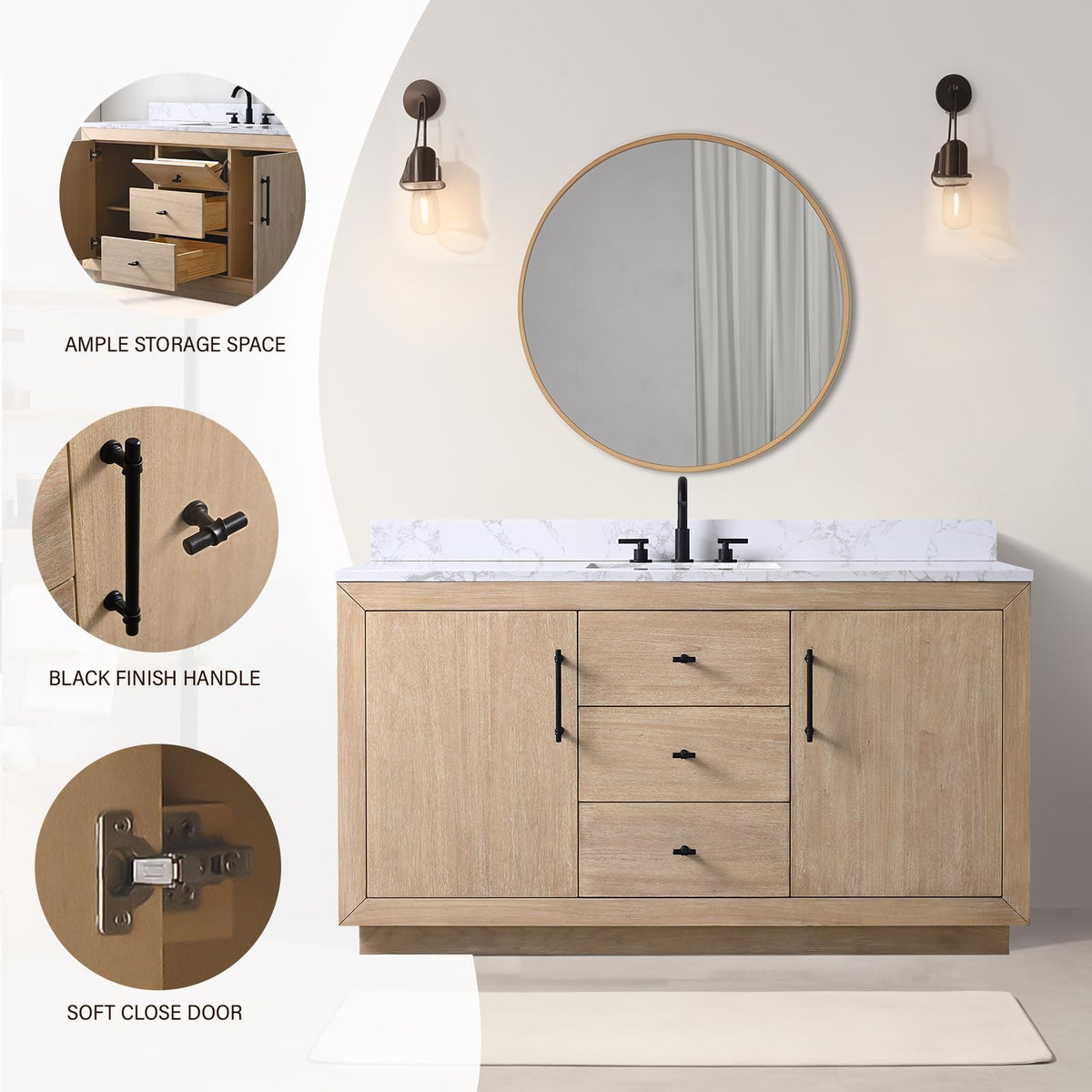 HOMEBEYOND 72" Bathroom Vanity with Double Sink & Ceramic Top, MDF Material Vanity Cabinet with Basin Combo, Soft-Closing Doors, Removable Shelf, Backsplash, Tan