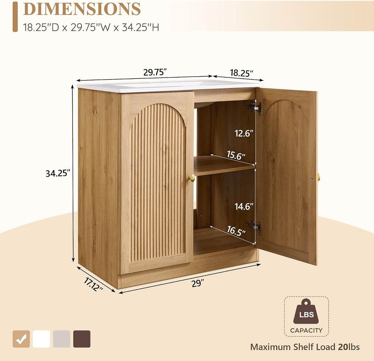 IFGET 30 Inch Bathroom Vanity with Sink, Arched Fluted Design, Natural Oak