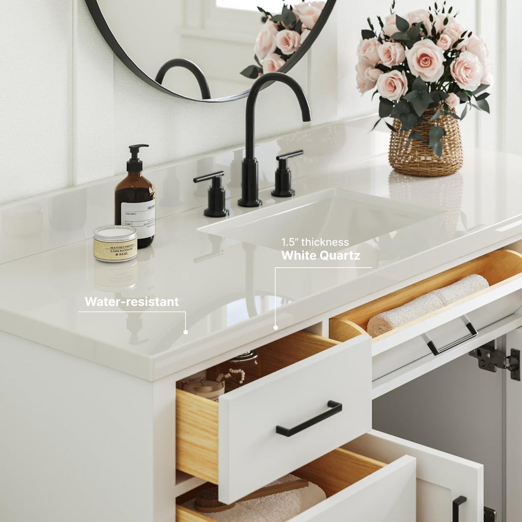 ARIEL Hepburn 60-inch Bathroom Vanity with Sink,Solid Wood, 1.5-inch Carrara White Quartz Countertop & Backsplash, Single Rectangular Porcelain Sink, 2 Soft Closing Doors, 9 Dovetail Drawers, Black