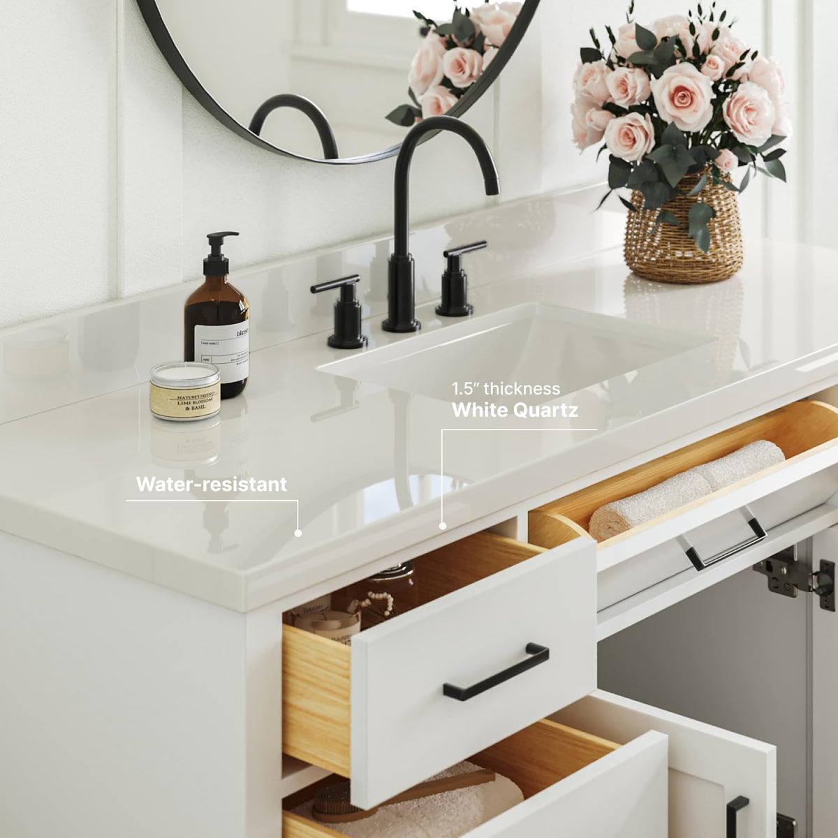 ARIEL Hepburn 60-inch Bathroom Vanity with Sink,Solid Wood, 1.5-inch Carrara White Quartz Countertop & Backsplash, Single Rectangular Porcelain Sink, 2 Soft Closing Doors, 9 Dovetail Drawers, Black