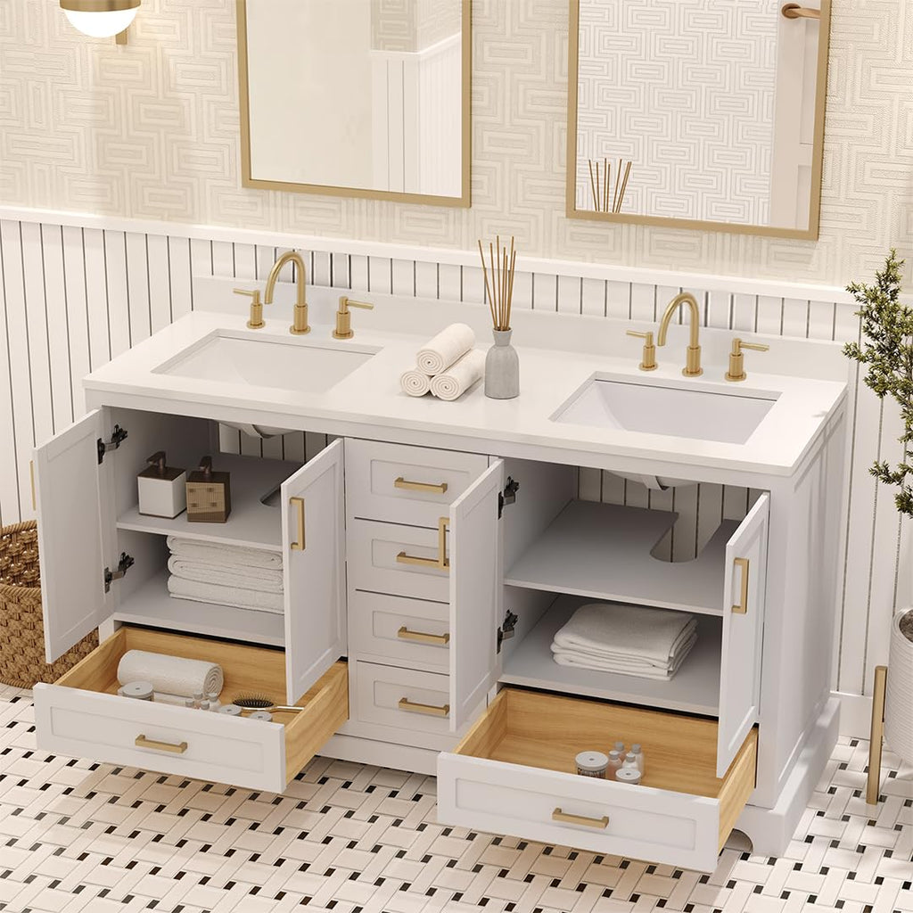 Ayna Decors Maya 72 Inch Double Vanity with Sink and Pre Drilled Faucet Holes Quartz Top in Charcoal Grey, Freestanding Bathroom Vanities with Soft Close Doors and Drawers - Brushed Gold Hardware