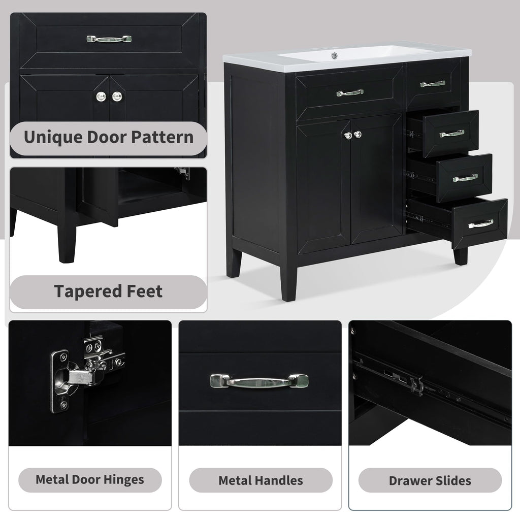 36 Inch Bathroom Vanities with Undermount Ceramic Sink, Storage Cabinet with Soft Closing Doors and Three Drawers, Solid Wood Frame, Natural Wood