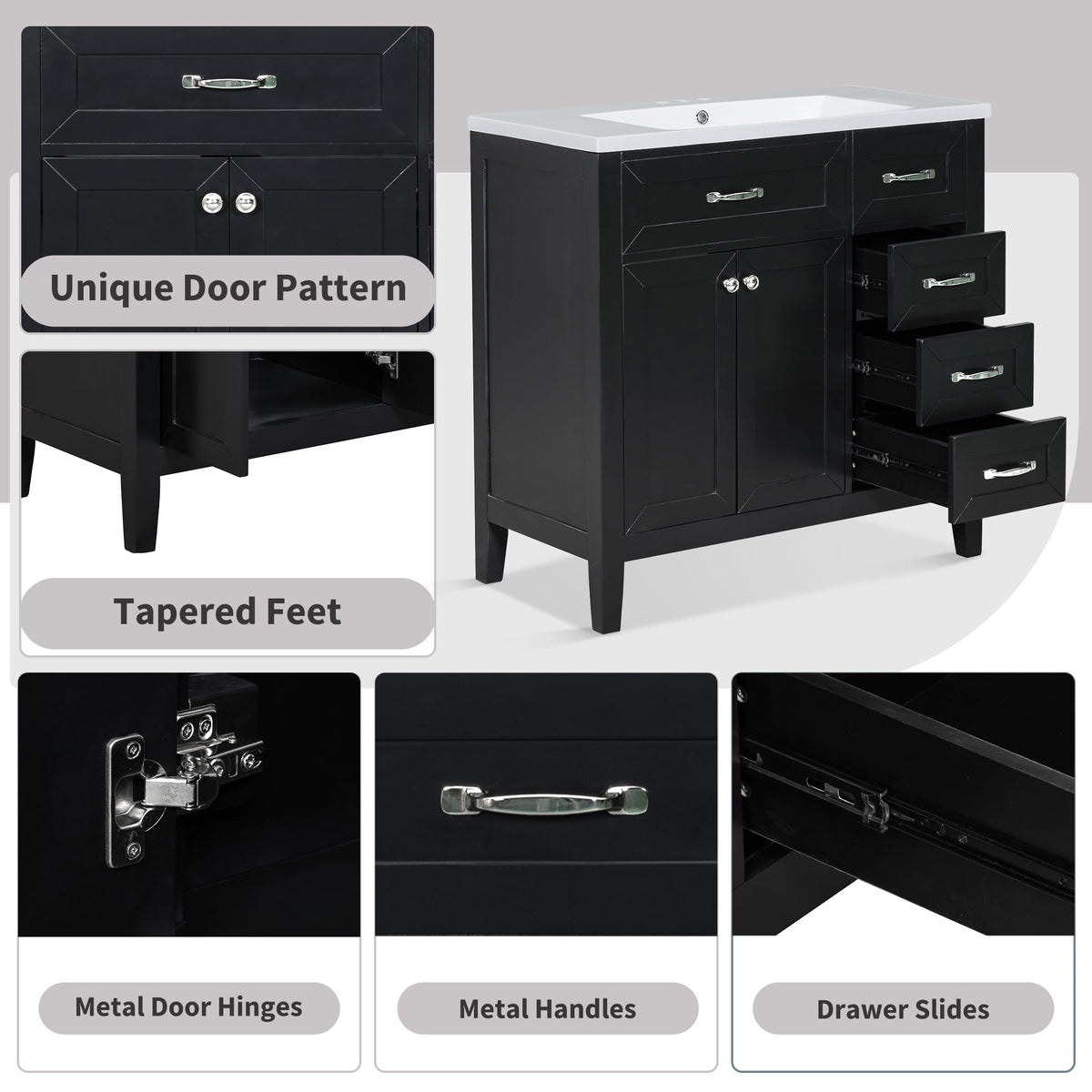 36 Inch Bathroom Vanities with Undermount Ceramic Sink, Storage Cabinet with Soft Closing Doors and Three Drawers, Solid Wood Frame, Natural Wood