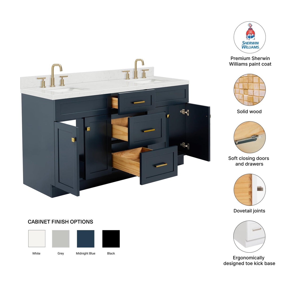 DKB Isabella 66" White Double Bathroom Vanity with 1.5" Carrara Quartz Countertop, Double Rectangular Undermount Sinks, 4 Soft Closing Doors, 6 Dovetail Drawers