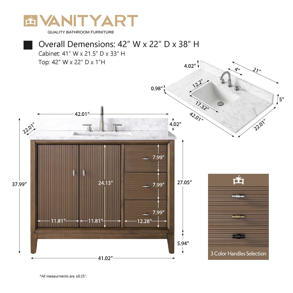 Vanity Art 72" Bathroom Vanity with Double Sink & Arabescato White Engineered Stone Top, Vanity Cabinet with Soft Closing Door, Solid Wood Frame, Golden Brushed Handles, Walnut VA8172D-Walnut-GB