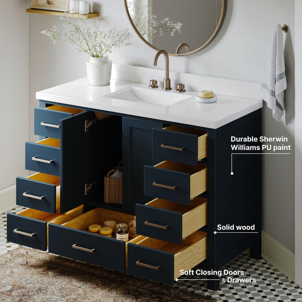 ARIEL Cambridge 48-inch Bathroom Vanity with Sink,Solid Wood, 1.5-inch Pure White Quartz Countertop, Single Rectangular Porcelain Sink, 2 Soft Closing Doors, 9 Dovetail Drawers, Midnight Blue