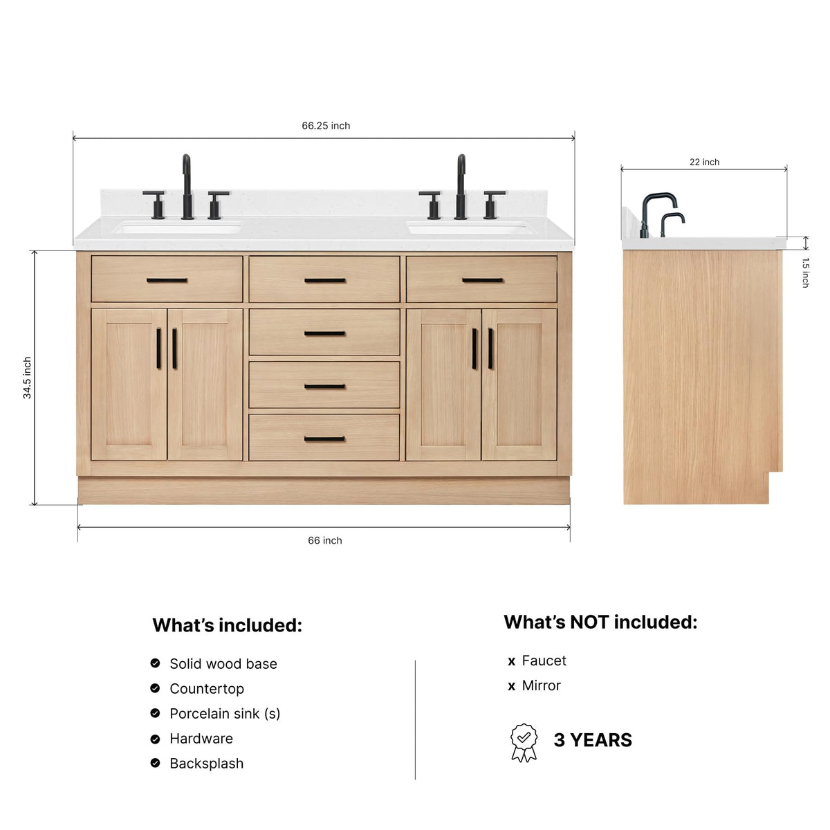 DKB Isabella 66" White Double Bathroom Vanity with 1.5" Carrara Quartz Countertop, Double Rectangular Undermount Sinks, 4 Soft Closing Doors, 6 Dovetail Drawers