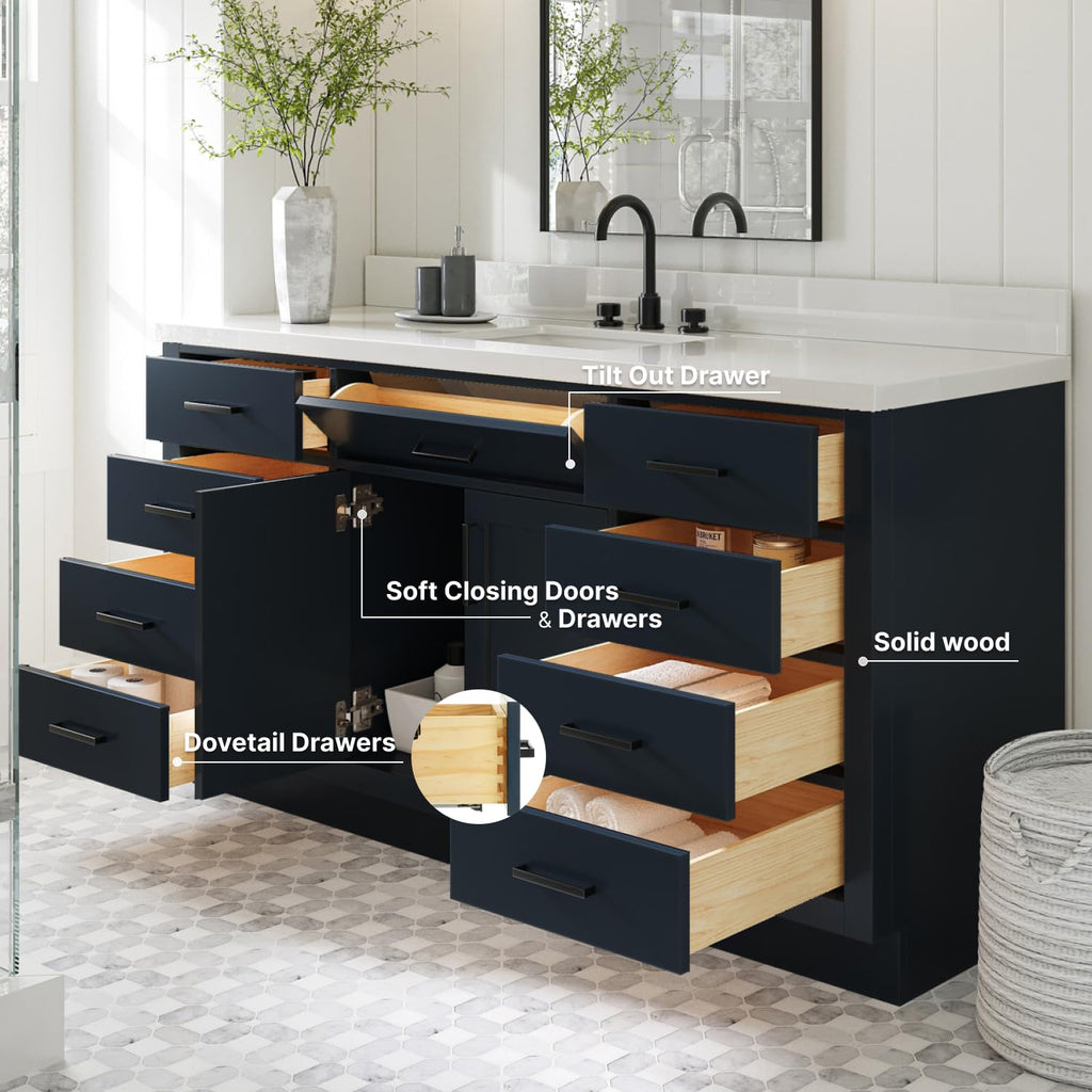 ARIEL Hepburn 66-inch Bathroom Vanity with Sink,Solid Wood, 1.5-inch Pure White Quartz Countertop & Backsplash, Single Rectangular Porcelain Sink, 2 Soft Closing Doors, 9 Dovetail Drawers, White