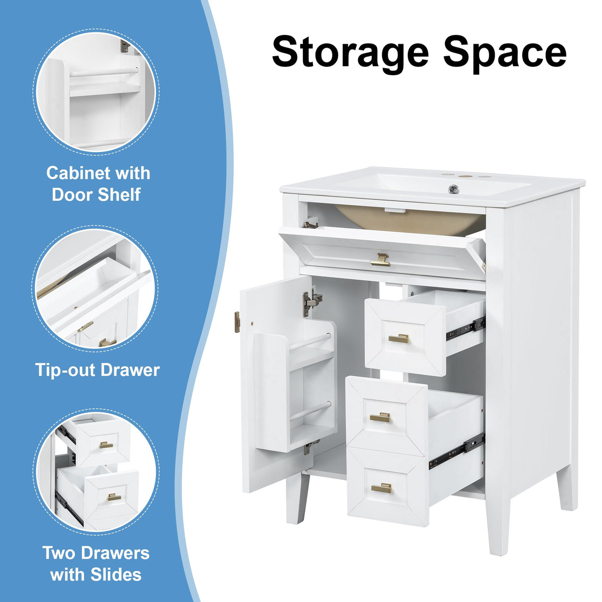 36 Inch Bathroom Vanities with Undermount Ceramic Sink, Storage Cabinet with Soft Closing Doors and Three Drawers, Solid Wood Frame, Natural Wood