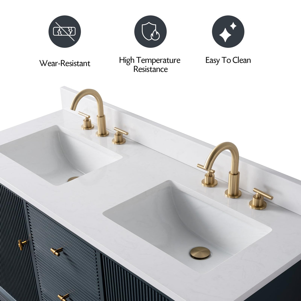 Vanity Art 72" Bathroom Vanity with Double Sink & Arabescato White Engineered Stone Top, Vanity Cabinet with Soft Closing Door, Solid Wood Frame, Golden Brushed Handles, Walnut VA8172D-Walnut-GB