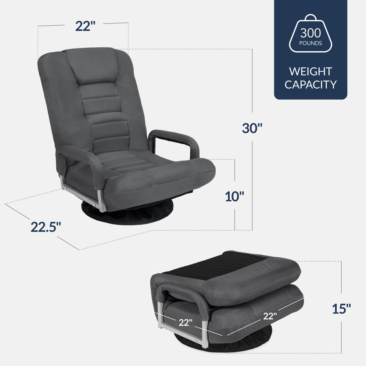 Best Choice Products Swivel Gaming Chair 360 Degree Multipurpose Floor Chair Rocker for TV, Reading, Playing Video Games w/Lumbar Support, Armrest Handles, Adjustable Foldable Backrest - Black/Black