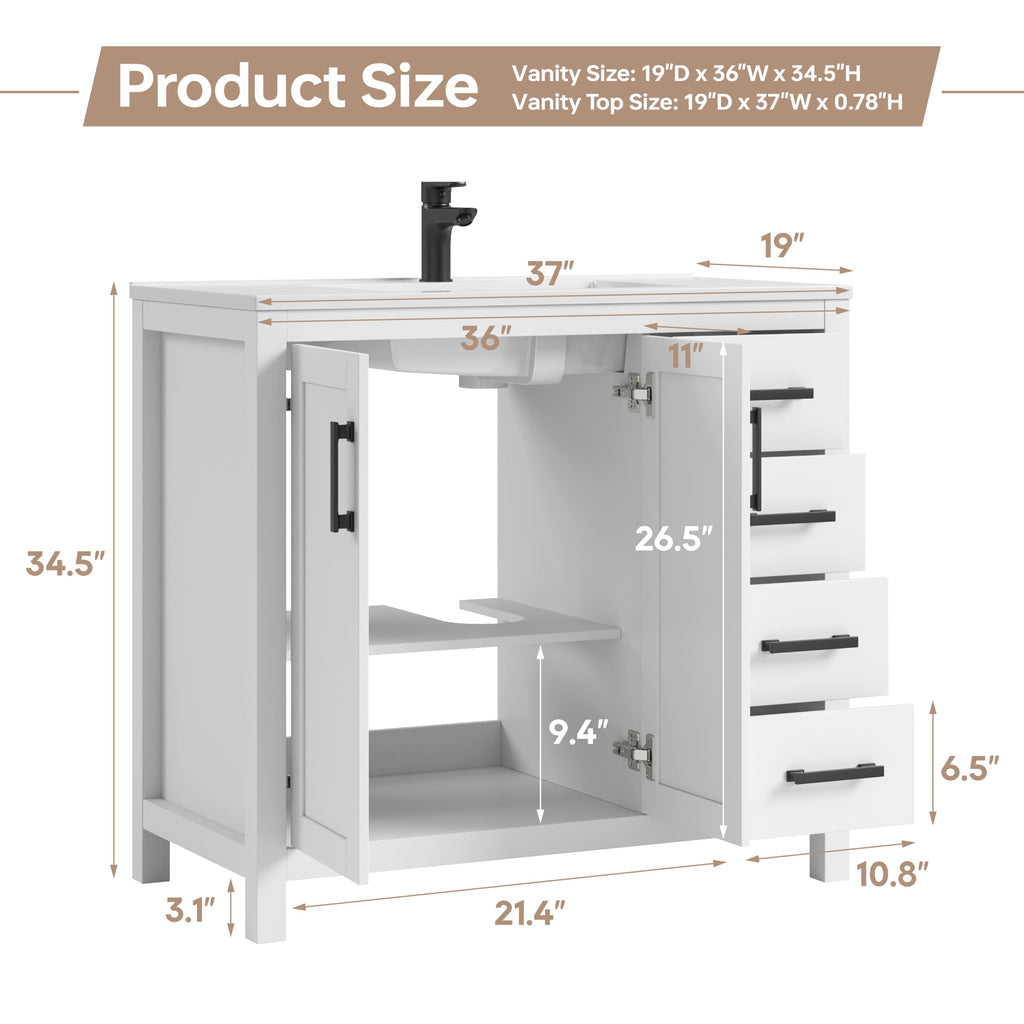 36 Inch Modern Bathroom Vanity with Sink, Black