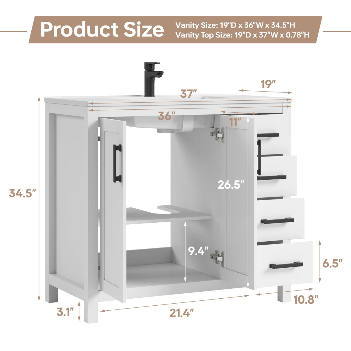 36 Inch Modern Bathroom Vanity with Sink, Black