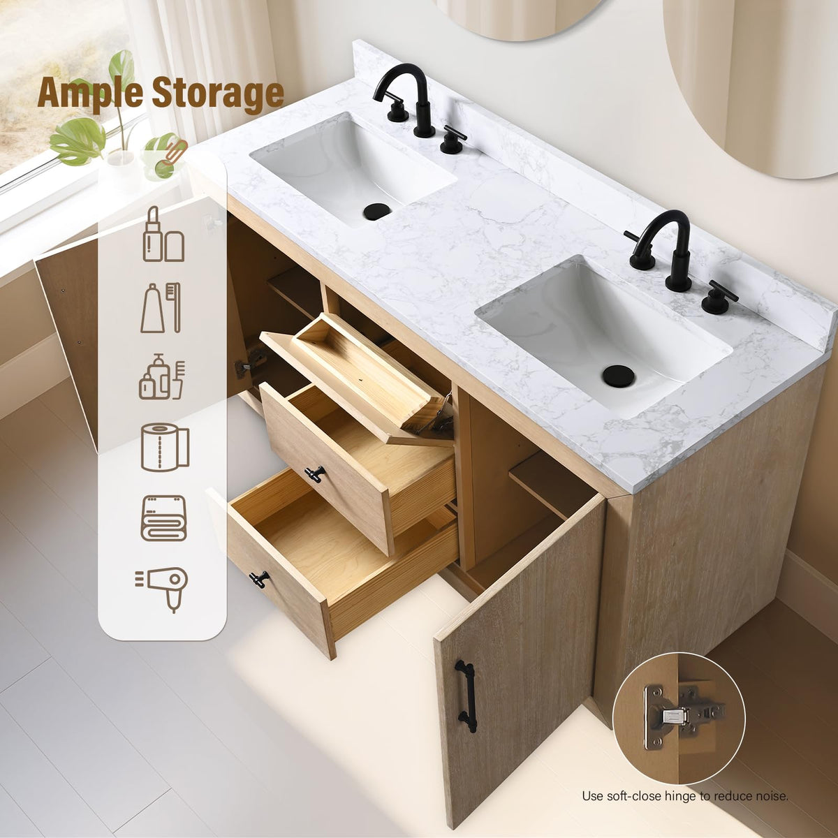 HOMEBEYOND 72" Bathroom Vanity with Double Sink & Ceramic Top, MDF Material Vanity Cabinet with Basin Combo, Soft-Closing Doors, Removable Shelf, Backsplash, Tan