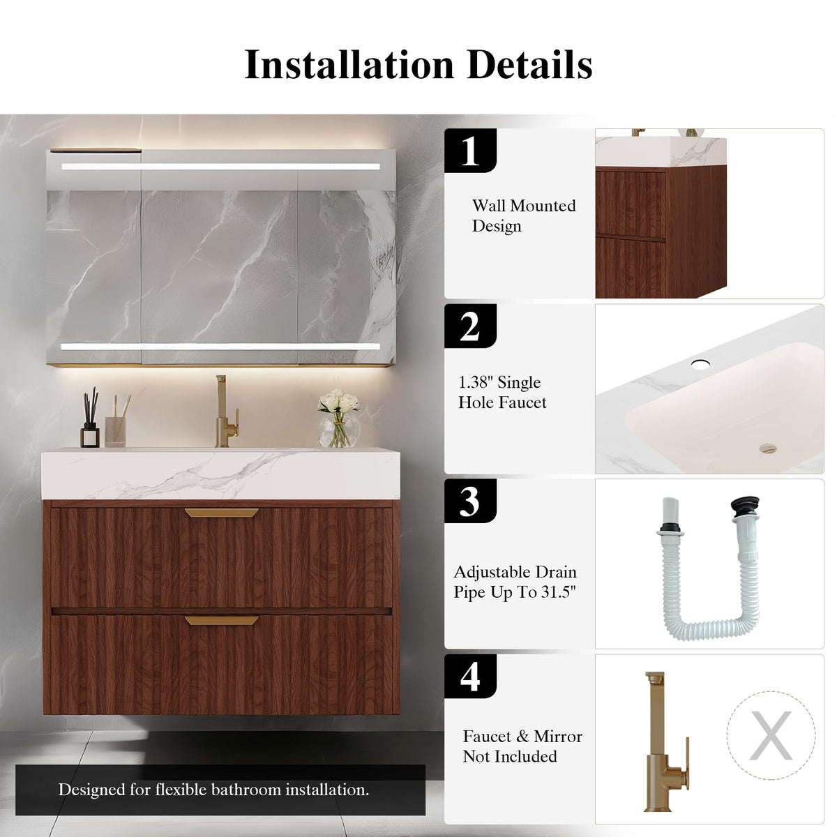 36 Inch Bathroom Vanity with Sink, Black Floating Wall Mounted Vanity