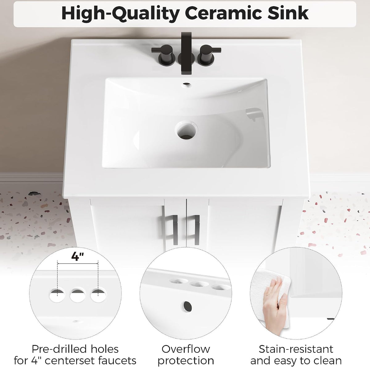 IRONCK 24" Bathroom Vanity with Sink, 1 Soft-Close Drawer & 2 Doors, White