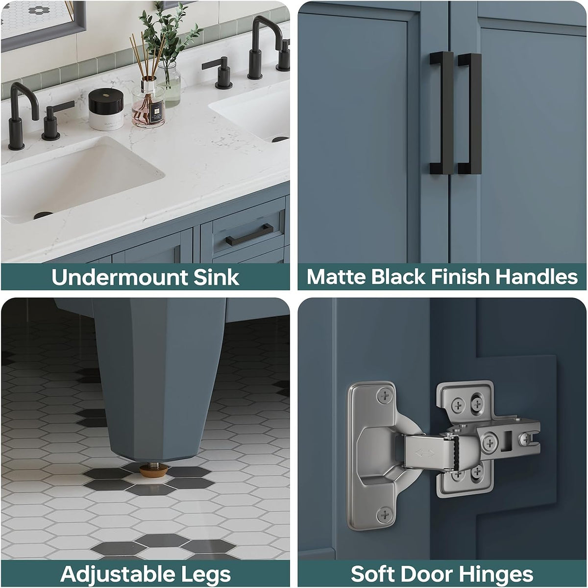 60 Inch Bathroom Vanity Double Sink, Steel Blue