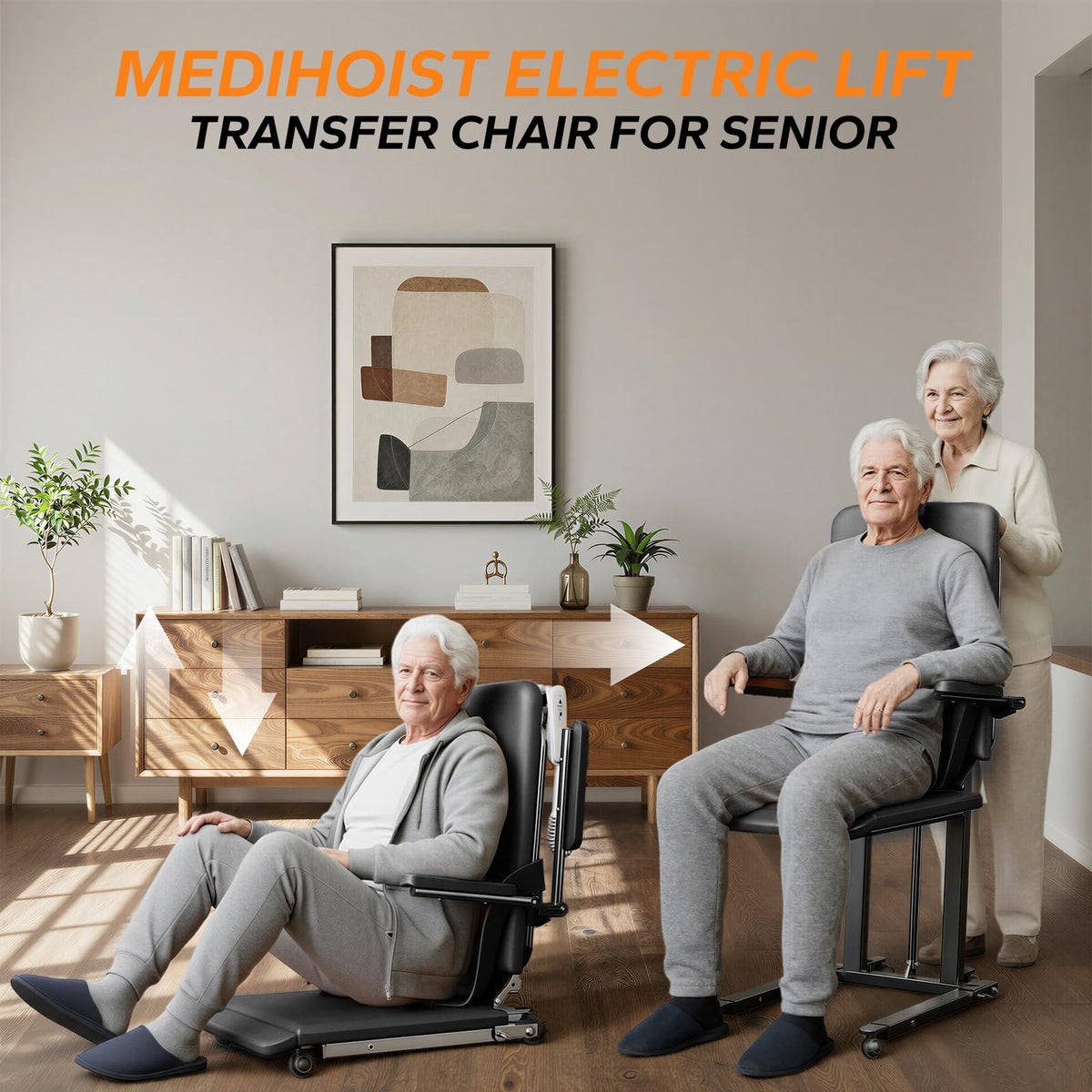 Steel Electric Floor Lift Chair with Wheels and PU Cushion, Floor Lift for Elderly, 440 LBS Capacity, Seat Belts and Handrails, Suitable for Home Use