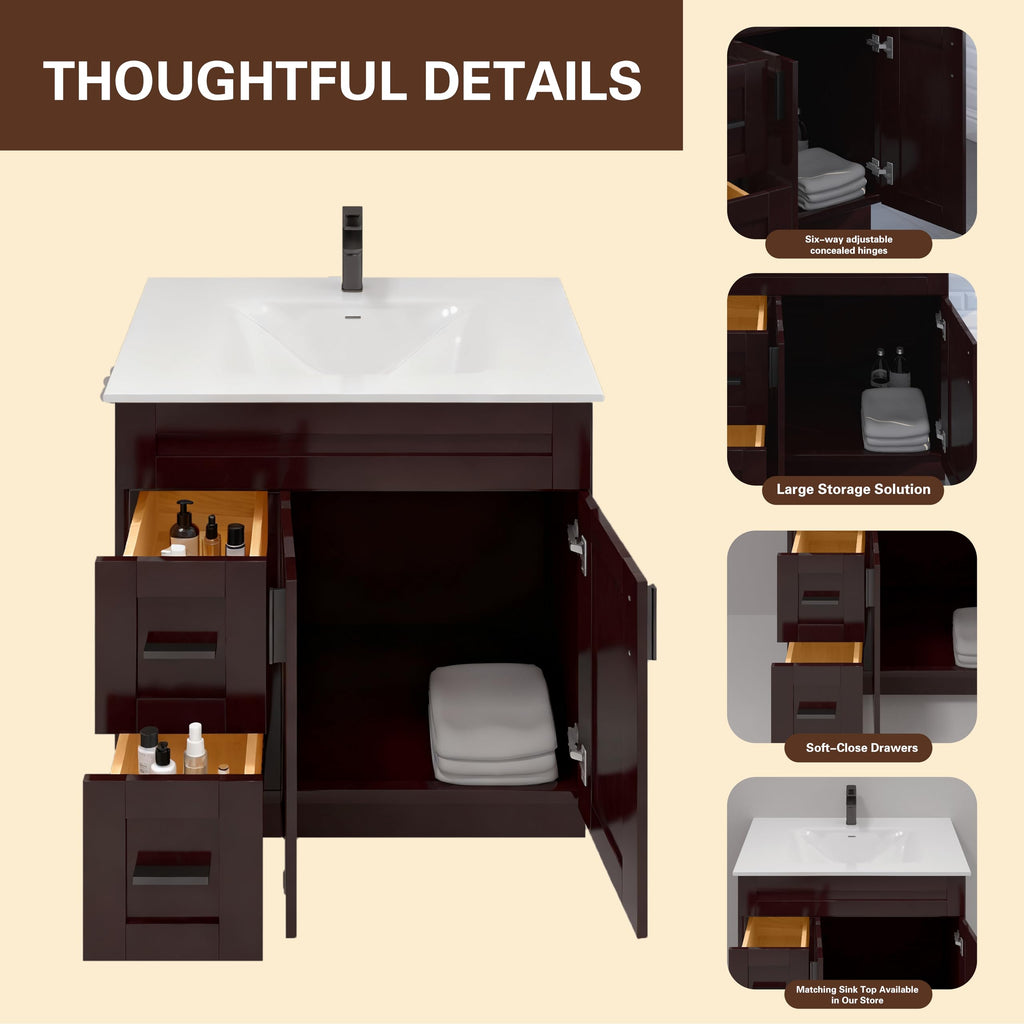 36" Maple Walnut Bathroom Vanity Base â Ready-to-Assemble Sink Cabinet with Drawers, Shaker Style Storage, Base Only, No Top or Sink