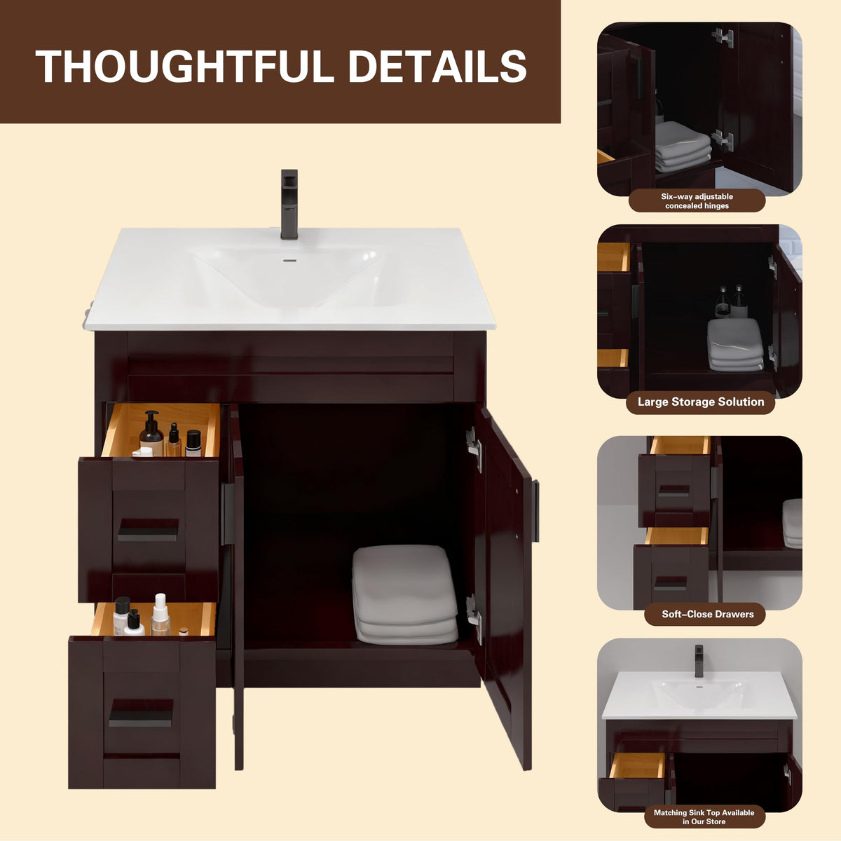 36" Maple Walnut Bathroom Vanity Base â Ready-to-Assemble Sink Cabinet with Drawers, Shaker Style Storage, Base Only, No Top or Sink
