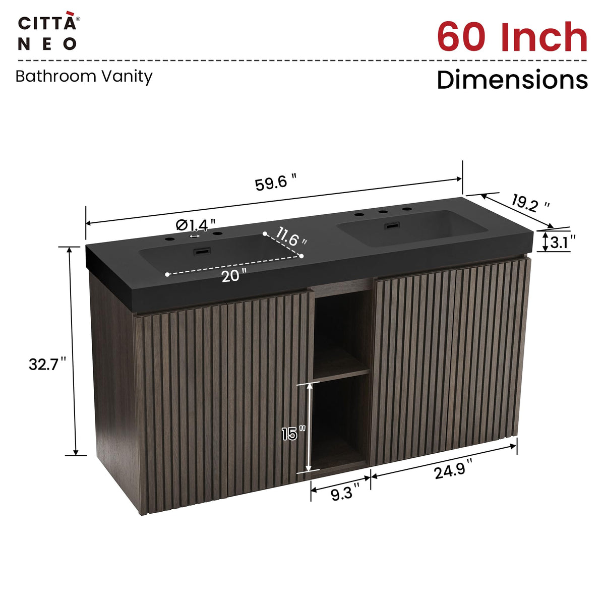 36â Modern Bathroom Vanity with Black Sink, Smoked Brown