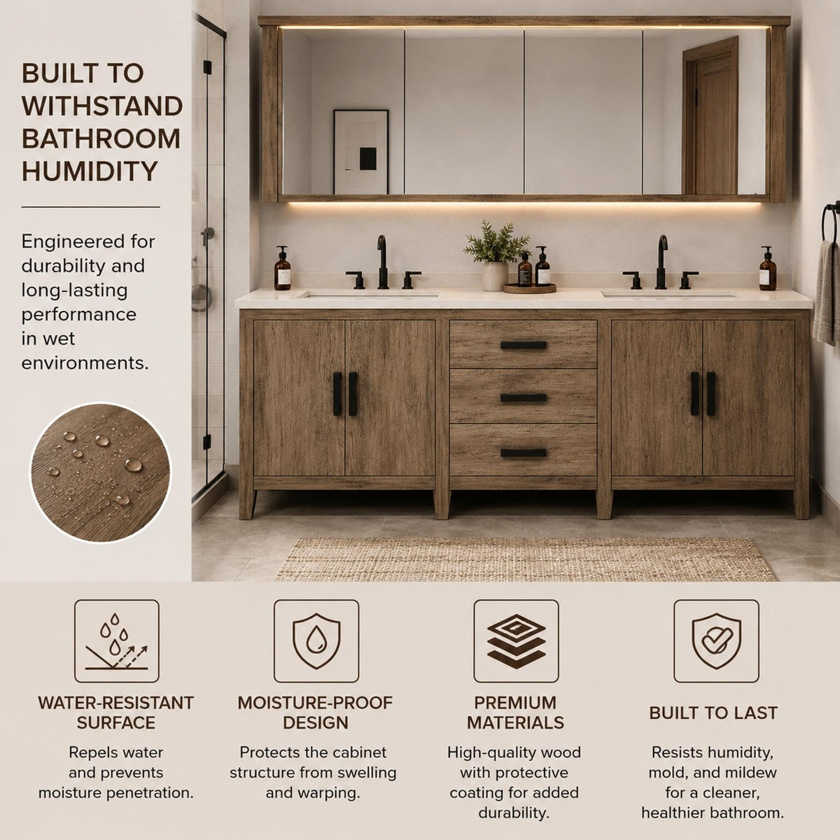 70 in Double Bathroom Vanity with Sinks - Modern Freestanding Bathroom Vanity with Solid Wood Construction | Anti-Fog Mirror | Integrated Stone Sink | Ready-to-Use Design