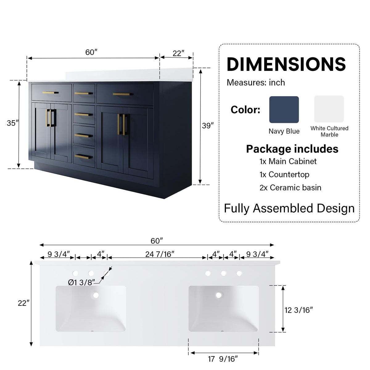 WELLFOR 36-Inch Bathroom Vanity with Sink W/ 2 Doors & 4 Drawers & 1 Flip Drawer,Navy Blue Vanity W/Matte Black Handles