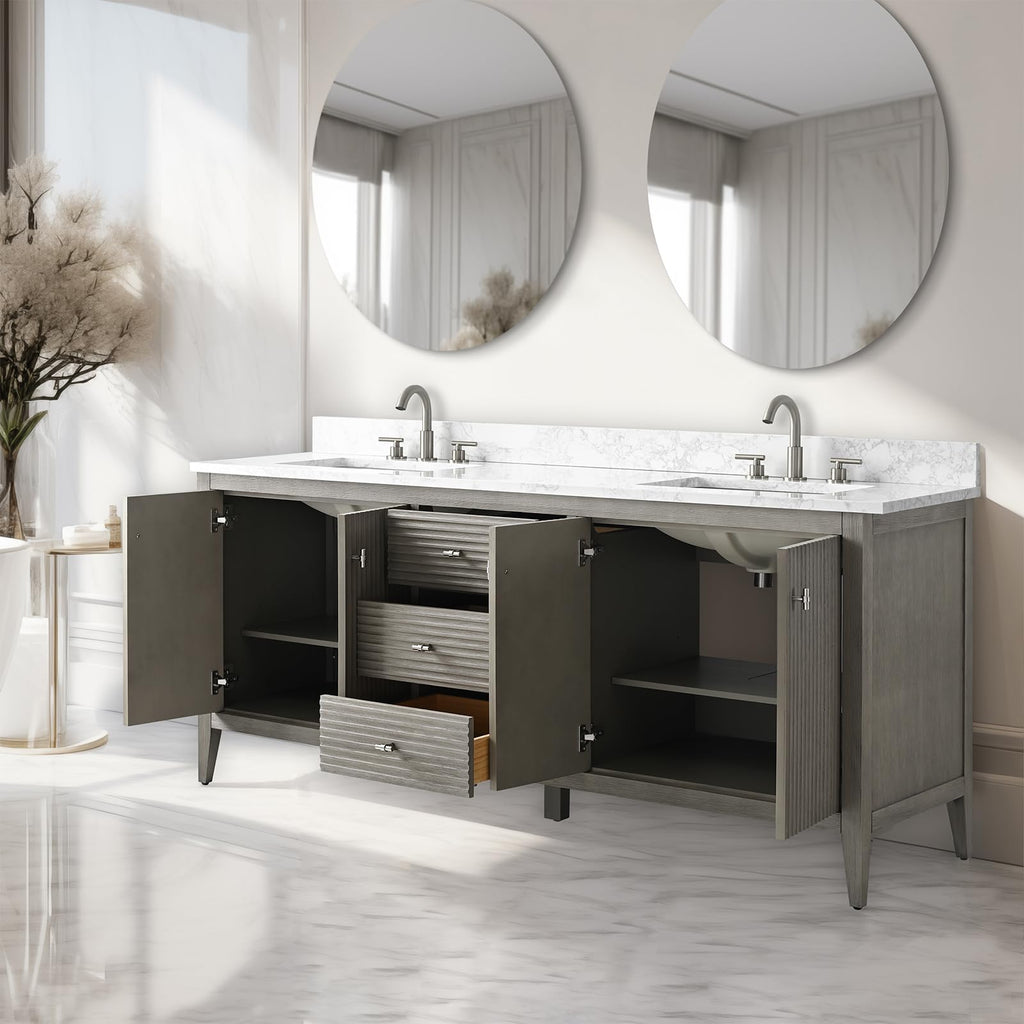 Vanity Art 84 inch Bathroom Vanity with Double Sink & Ceramic Top, Vanity Cabinet with Soft-Closing Door, Solid Wood Frame, Linear Pattern, Walnut, Golden Brushed Handware,Vintage Green