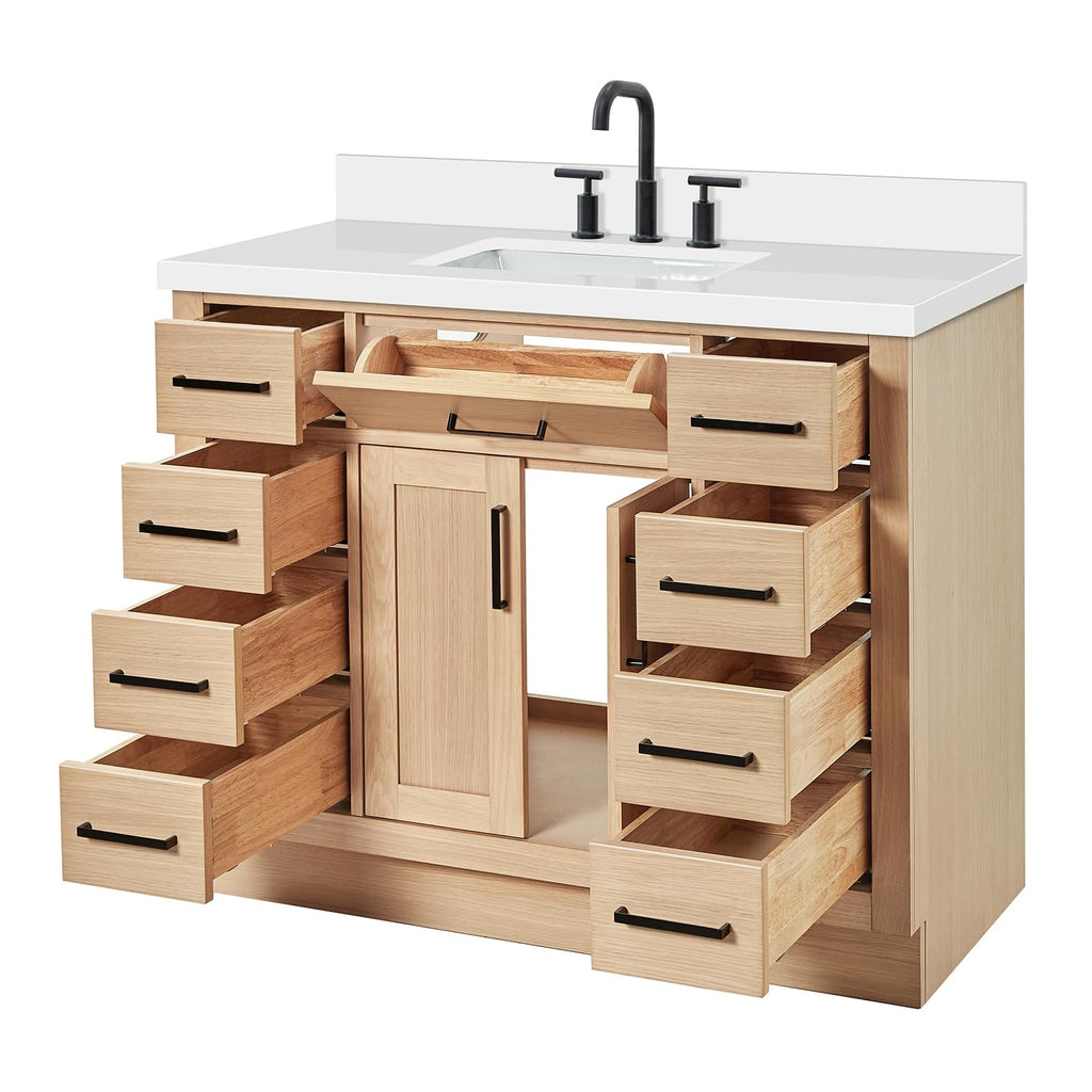 DKB Beckford 42-Inch White Bathroom Vanity with Sink, Solid Wood Base Cabinet, 1.5" White Quartz Countertop, Rectangular Sink, 2 Soft Closing Doors, 9 Drawers
