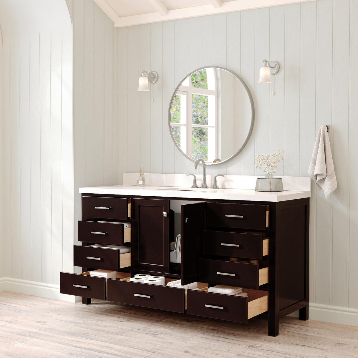 ARIEL Cambridge 66-inch Bathroom Vanity with Sink,Solid Wood, 1.5-inch Italian Carrara Marble Countertop, Single Rectangular Porcelain Sink, 2 Soft Closing Doors, 9 Dovetail Drawers, Midnight Blue