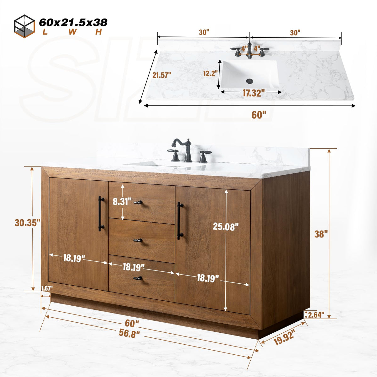 HOMEBEYOND 72" Bathroom Vanity with Double Sink & Ceramic Top, MDF Material Vanity Cabinet with Basin Combo, Soft-Closing Doors, Removable Shelf, Backsplash, Tan