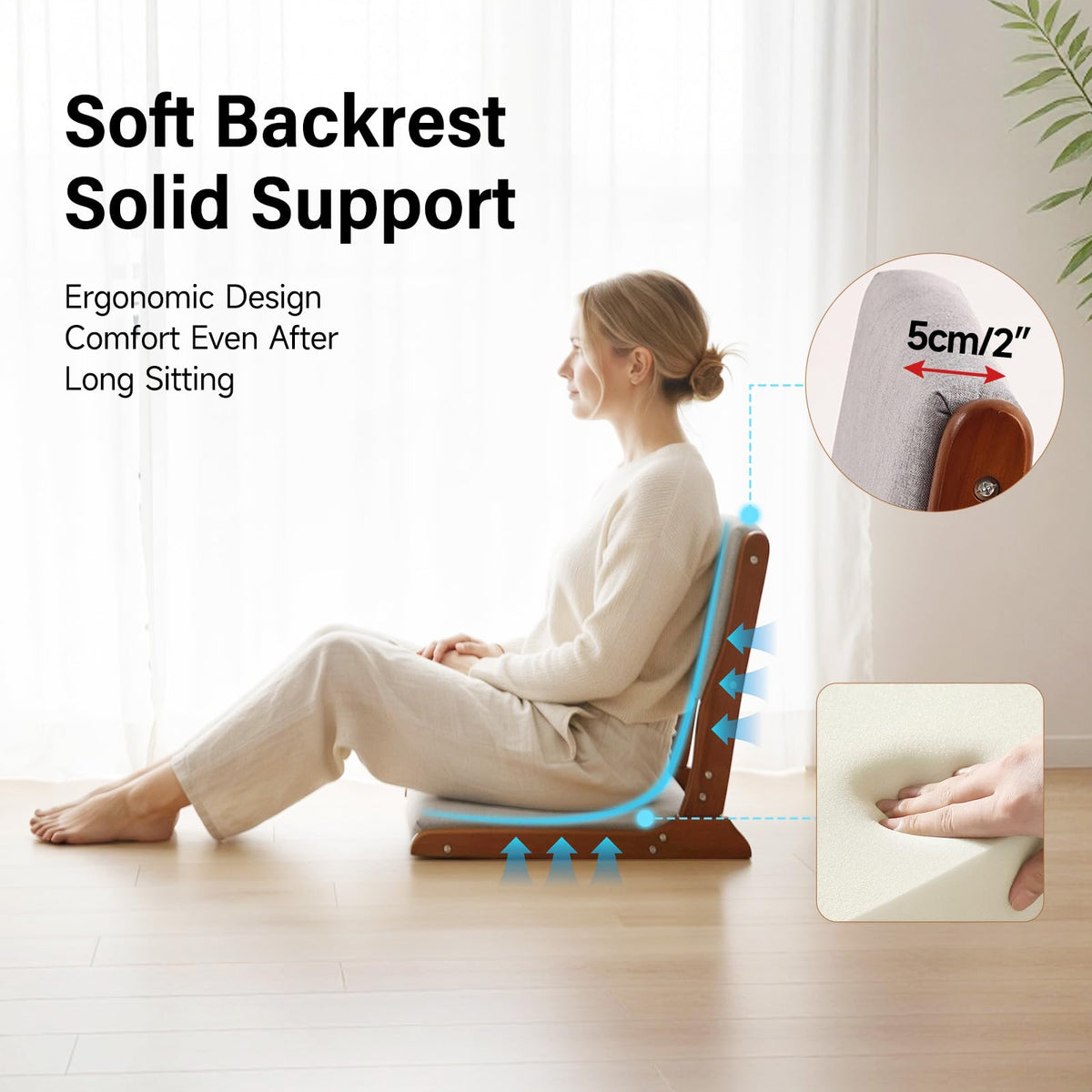 Tiita 2-Pack Foldable Meditation Floor Chairs with Back Support, Wood Grey