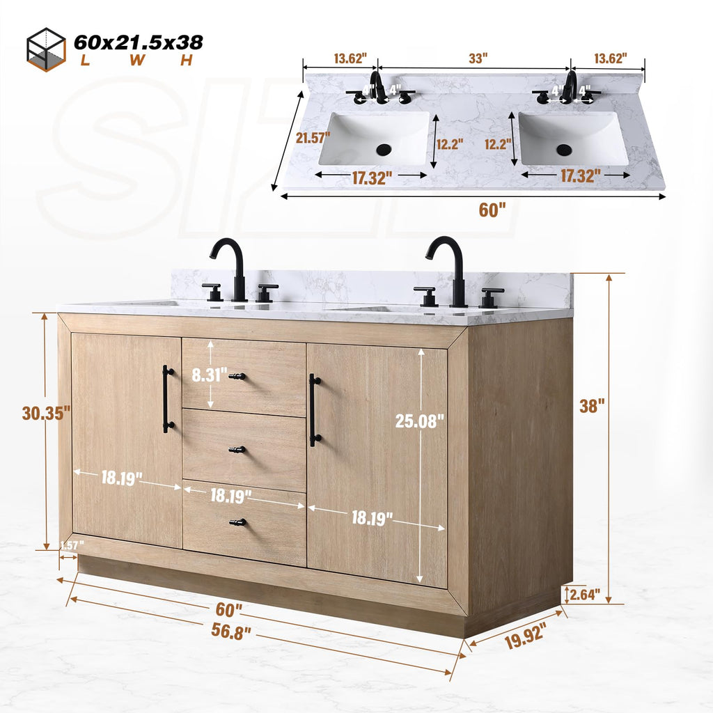 HOMEBEYOND 72" Bathroom Vanity with Double Sink & Ceramic Top, MDF Material Vanity Cabinet with Basin Combo, Soft-Closing Doors, Removable Shelf, Backsplash, Tan