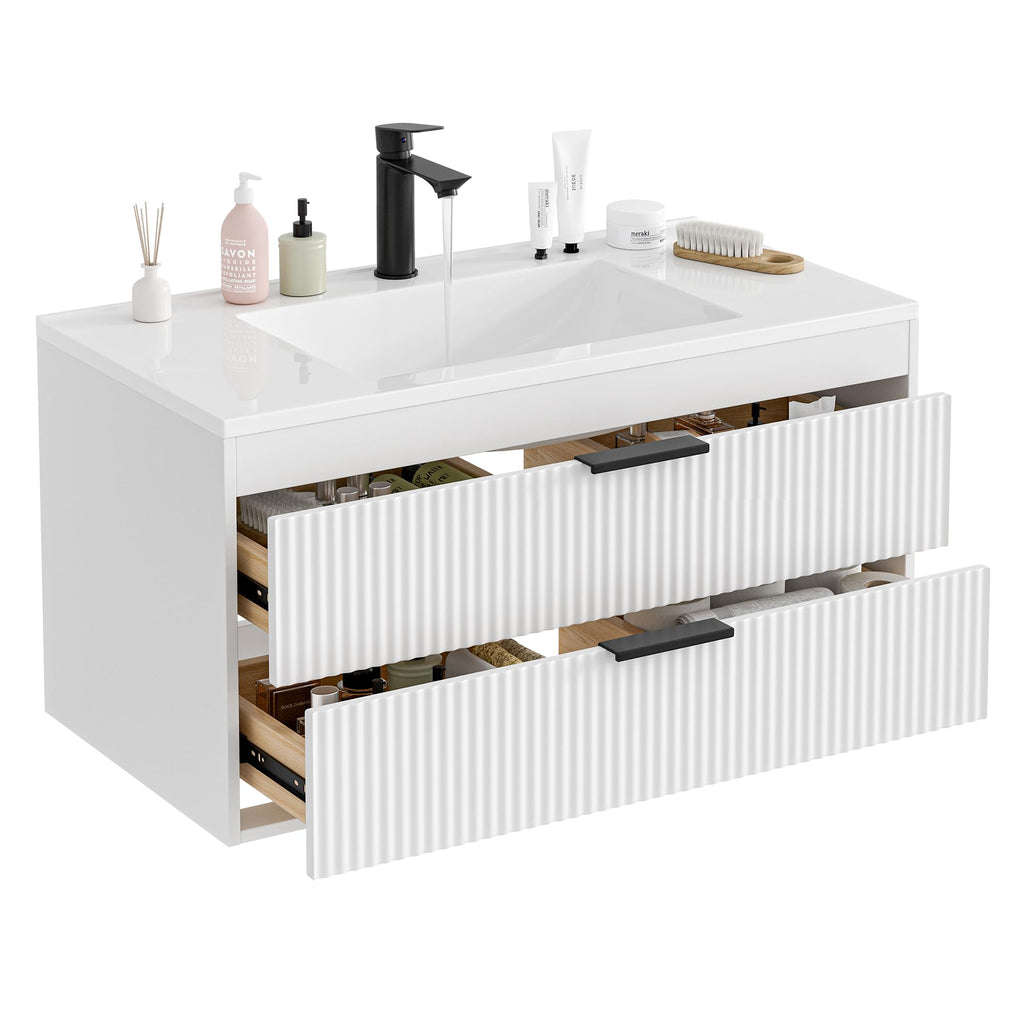 24 Inches Modern MDF Bathroom Vanity with Sink, Wall Mounted Floating Cabinets w/Double Drawers, Black Handles, White Resin Sink Combo Set (Black, 24")