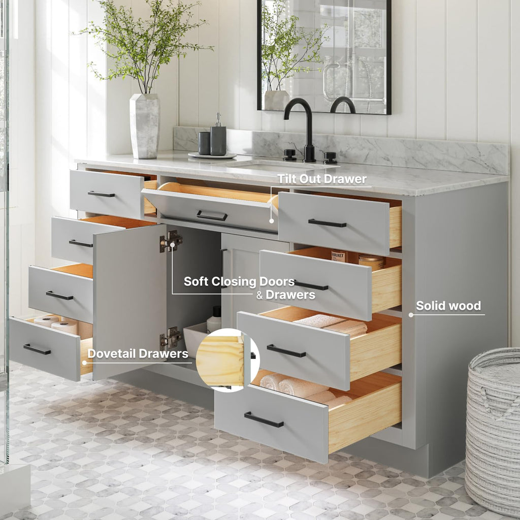 ARIEL Hepburn 66-inch Bathroom Vanity with Sink,Solid Wood, 1.5-inch Pure White Quartz Countertop & Backsplash, Single Rectangular Porcelain Sink, 2 Soft Closing Doors, 9 Dovetail Drawers, White
