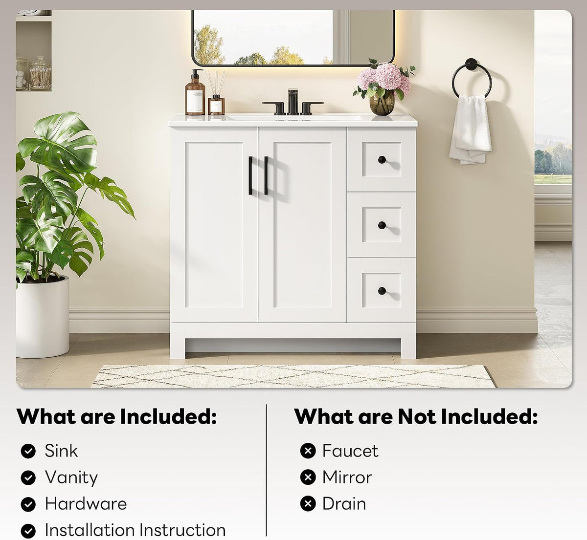 LIKIMIO 36" Bathroom Vanity with Sink, 2 Soft-Close Drawers & Doors, White