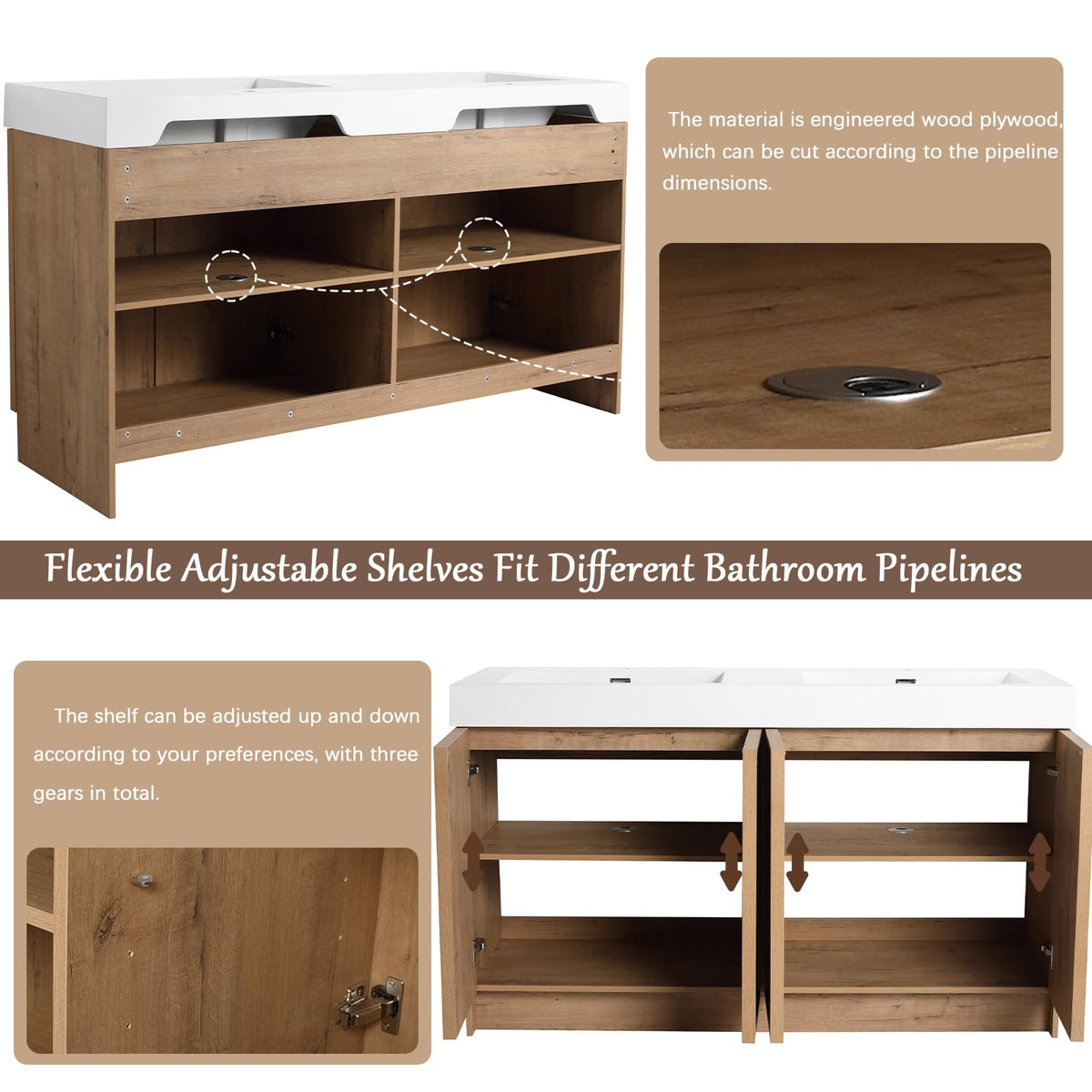 70" Double Sink Bathroom Vanity with Resin Basin, Faux Oak Finish