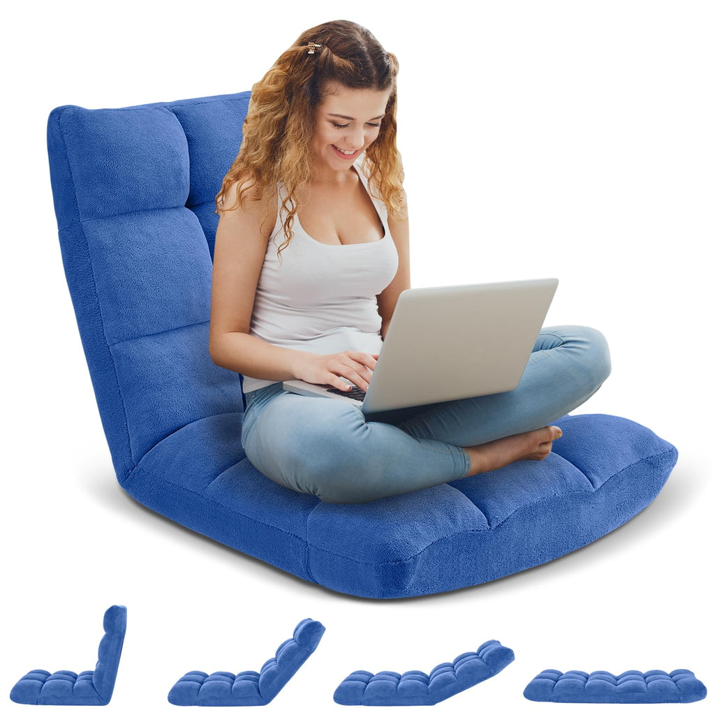 Folding Floor Gaming Chair 14-Poistion Cushioned Adjustable Floor Lazy Sofa Chair w/Breathable Cotton & Skin-Friendly Velvet for Adults & Kids Perfect for Reading Gaming Meditating, Darkblue