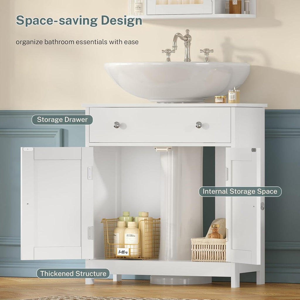 TEENFON Pedestal Sink Storage Cabinet with 2 Doorsand Drawer, Bathroom Sink Cabinet, Under Sink Storage with U-Shape Cut-Out, White