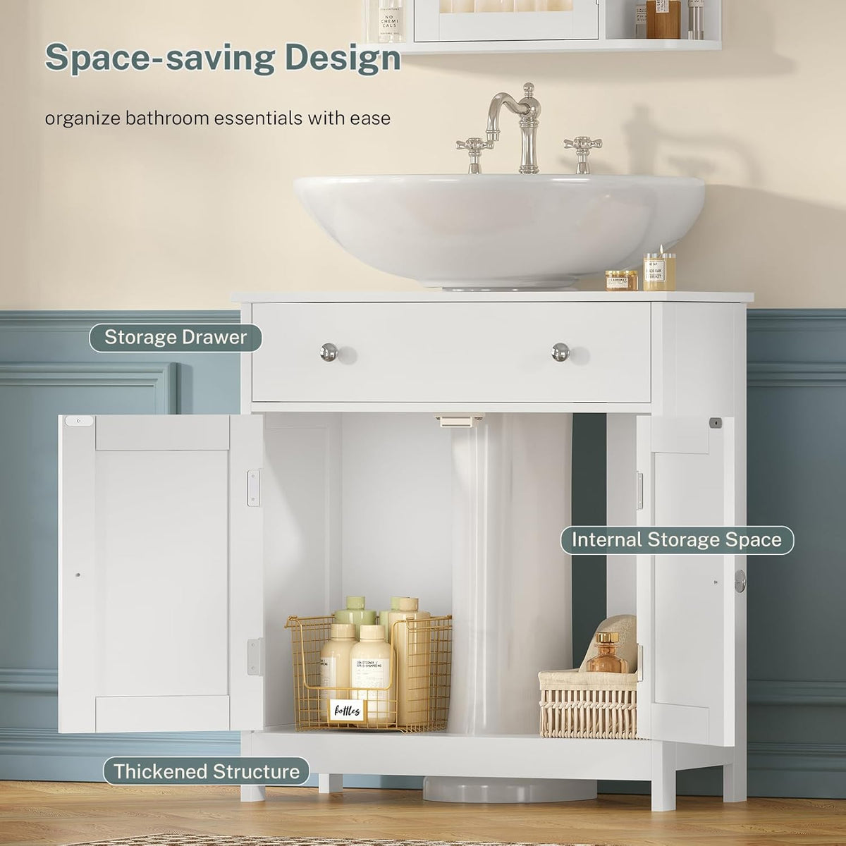 TEENFON Pedestal Sink Storage Cabinet with 2 Doorsand Drawer, Bathroom Sink Cabinet, Under Sink Storage with U-Shape Cut-Out, White
