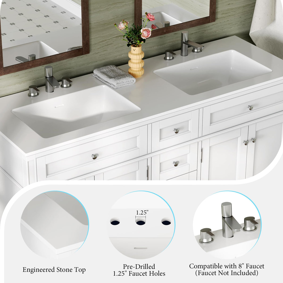 AMERLIFE 60â³ Bathroom Vanity with Sink Combo & 3 Storage Drawers