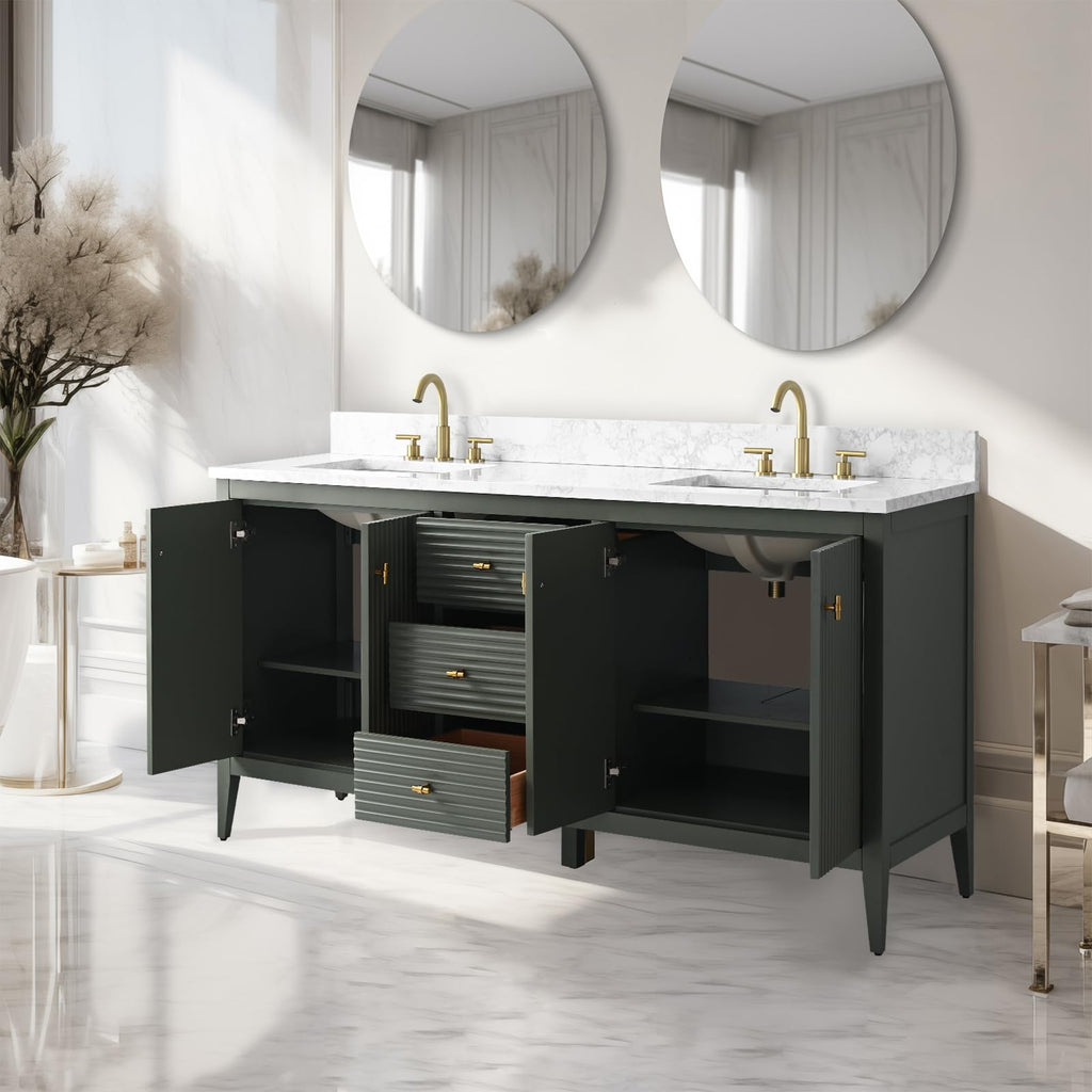 Vanity Art 84 inch Bathroom Vanity with Double Sink & Ceramic Top, Vanity Cabinet with Soft-Closing Door, Solid Wood Frame, Linear Pattern, Walnut, Golden Brushed Handware,Vintage Green