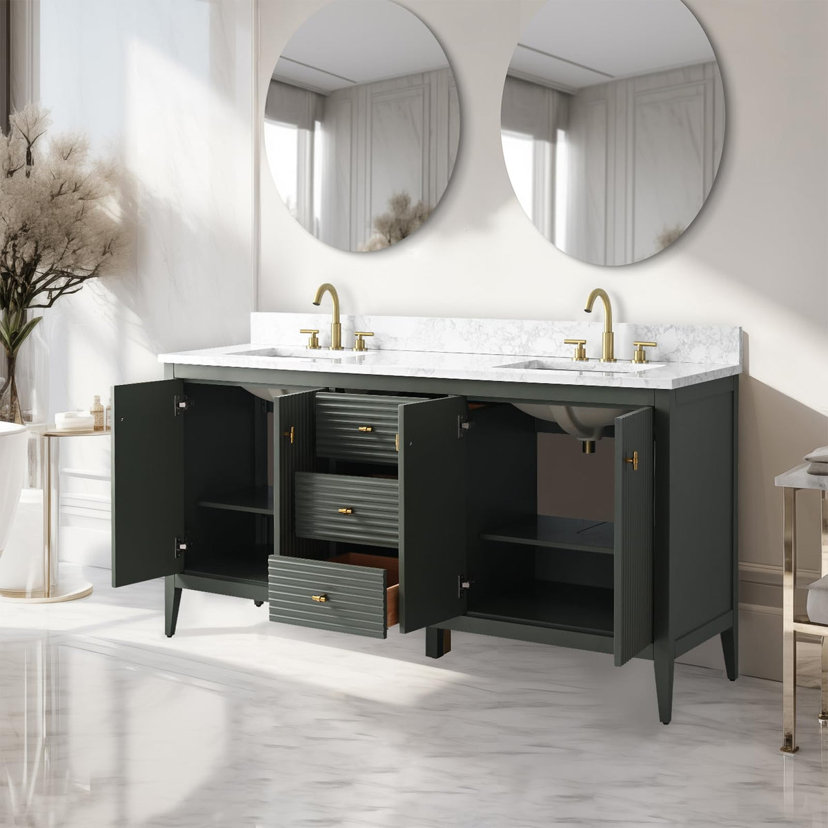 Vanity Art 84 inch Bathroom Vanity with Double Sink & Ceramic Top, Vanity Cabinet with Soft-Closing Door, Solid Wood Frame, Linear Pattern, Walnut, Golden Brushed Handware,Vintage Green