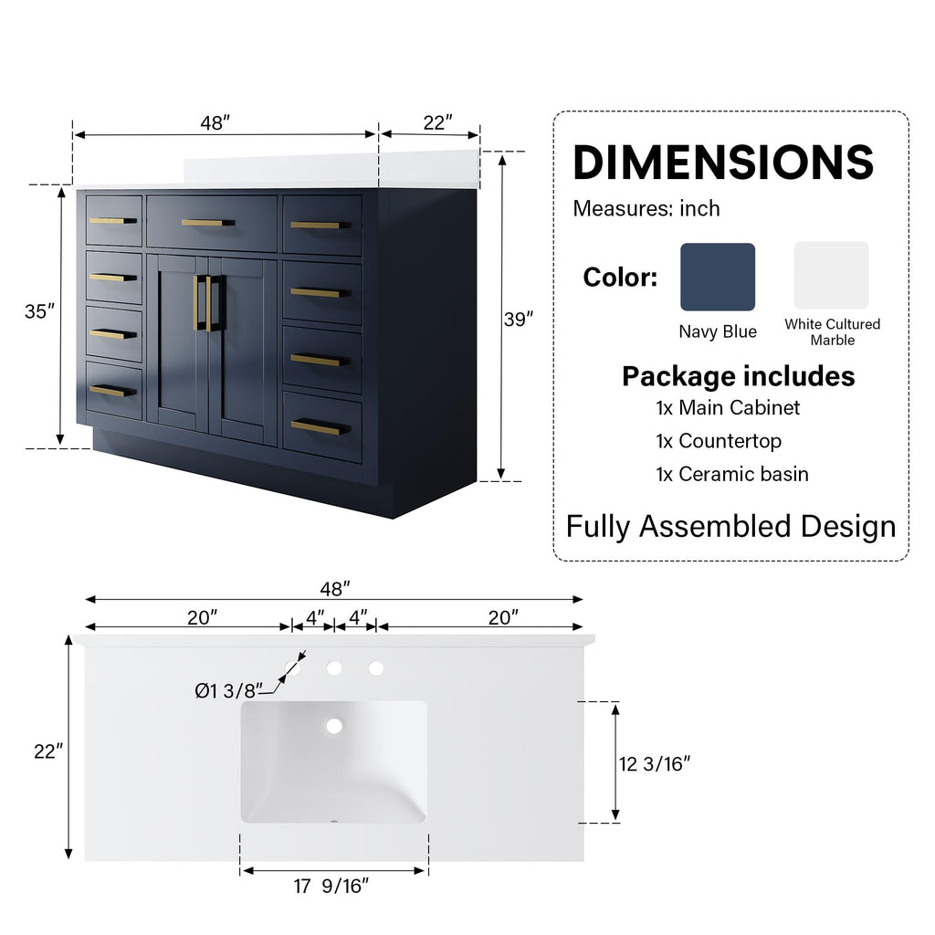 WELLFOR 36-Inch Bathroom Vanity with Sink W/ 2 Doors & 4 Drawers & 1 Flip Drawer,Navy Blue Vanity W/Matte Black Handles