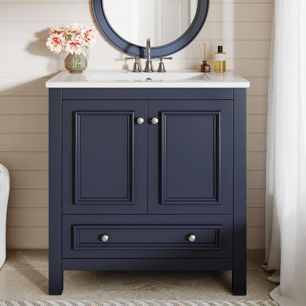 Tribesigns 30" Bathroom Vanity with Sink, Freestanding Bathroom Vanities Cabinet with Ceramic Basin Combo, Bathroom Sink Cabinet with 2 Doors and 1 Drawer, Solid Wooden Frame (Navy Blue, 30 INCH)