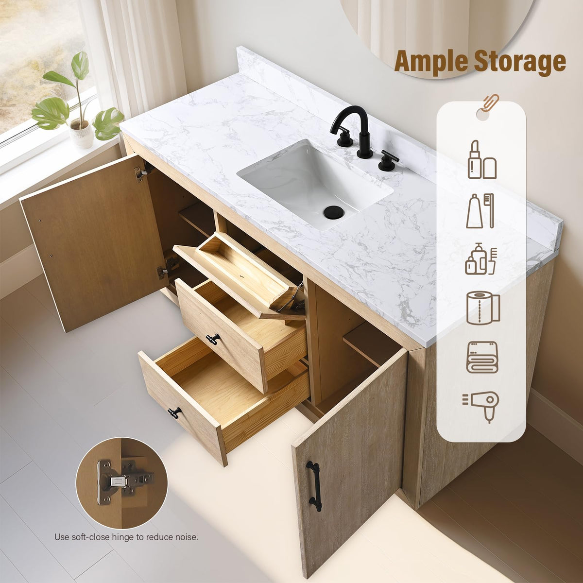 HOMEBEYOND 72" Bathroom Vanity with Double Sink & Ceramic Top, MDF Material Vanity Cabinet with Basin Combo, Soft-Closing Doors, Removable Shelf, Backsplash, Tan
